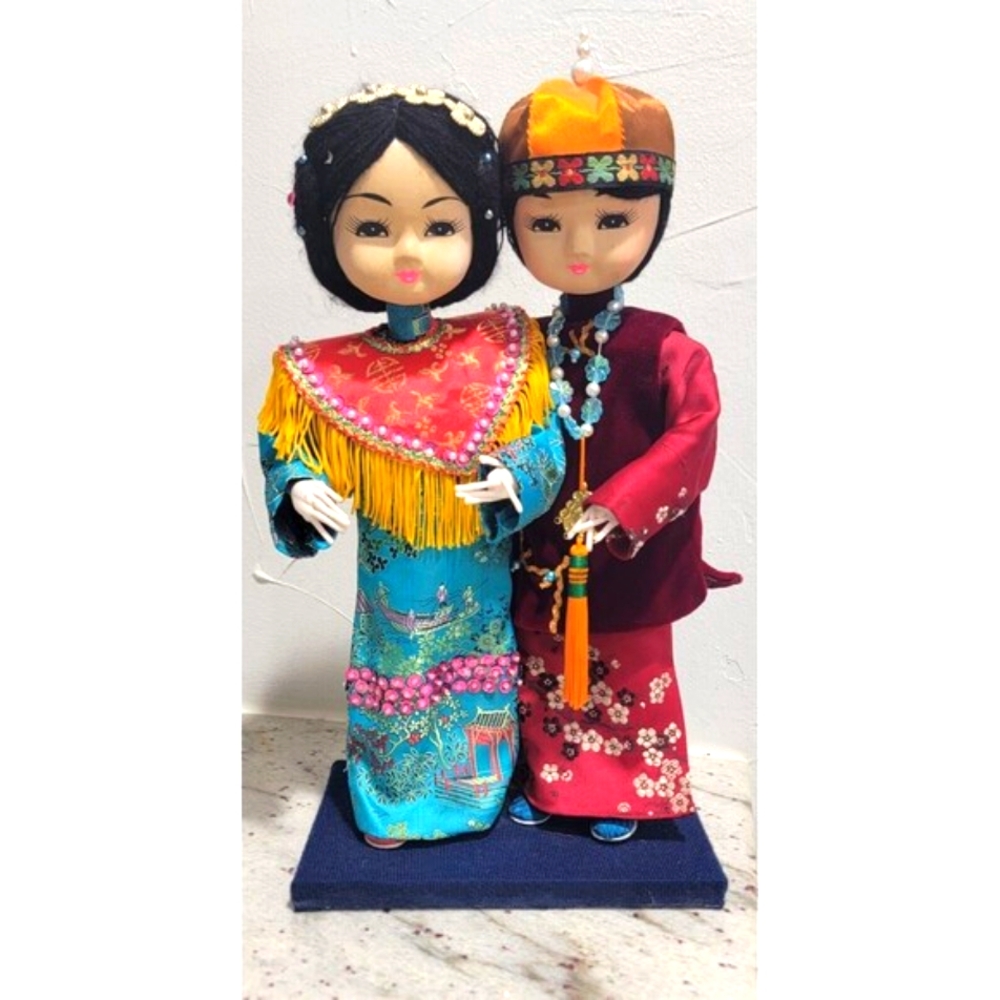 Vintage Asian/ Chinese Folk Dolls, hand made, traditional fancy dress, mounted
